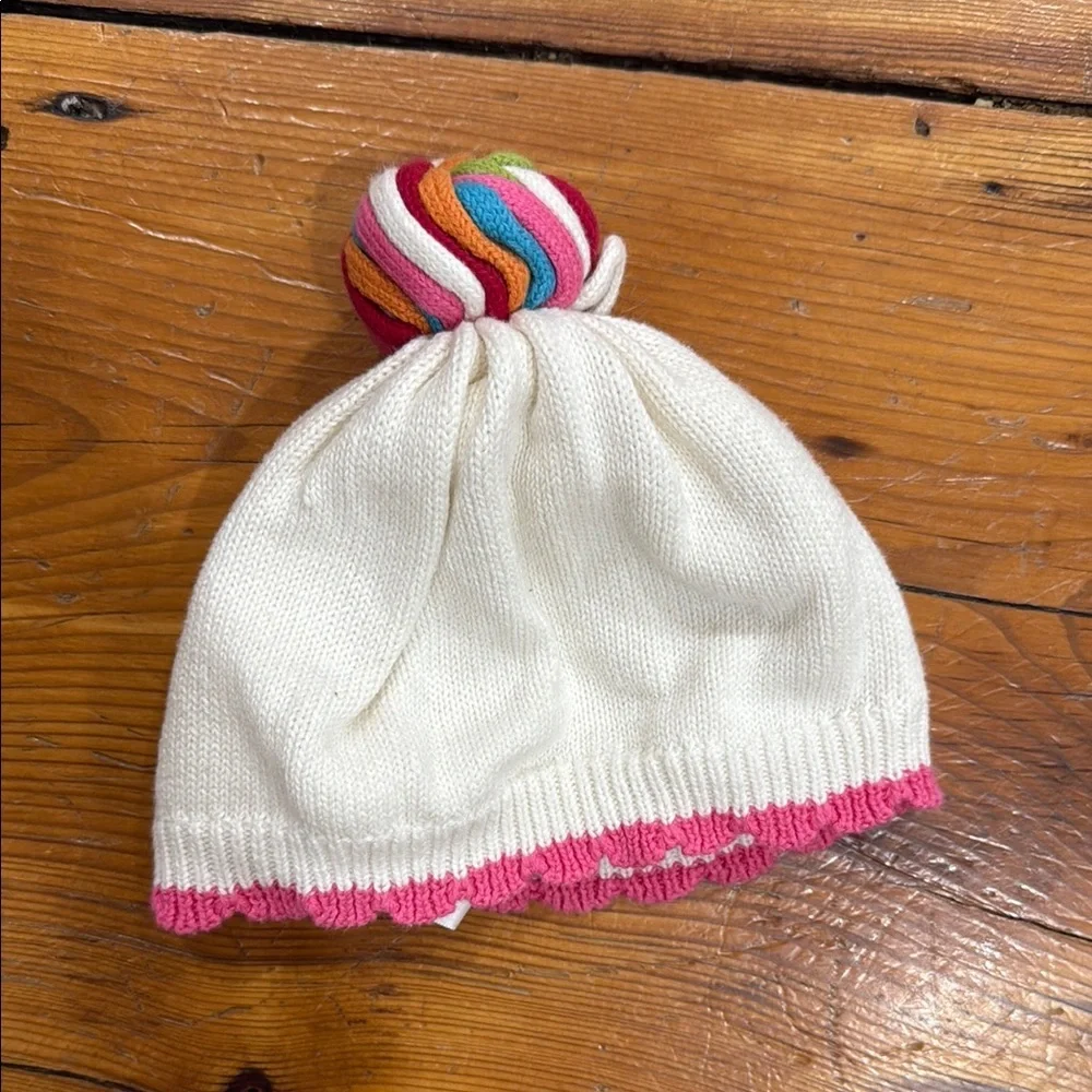 Gymboree White Beanie with Pink Trim and Colorful Pom Pom Winter Hat 100% cotton